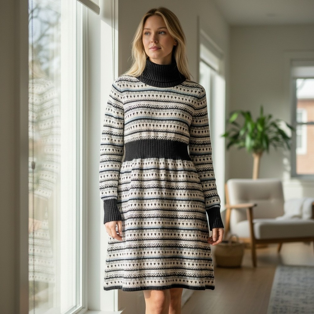 Boston Proper Fair Isle Cowl Neck Sweater Dress Black Gray Cream Size M